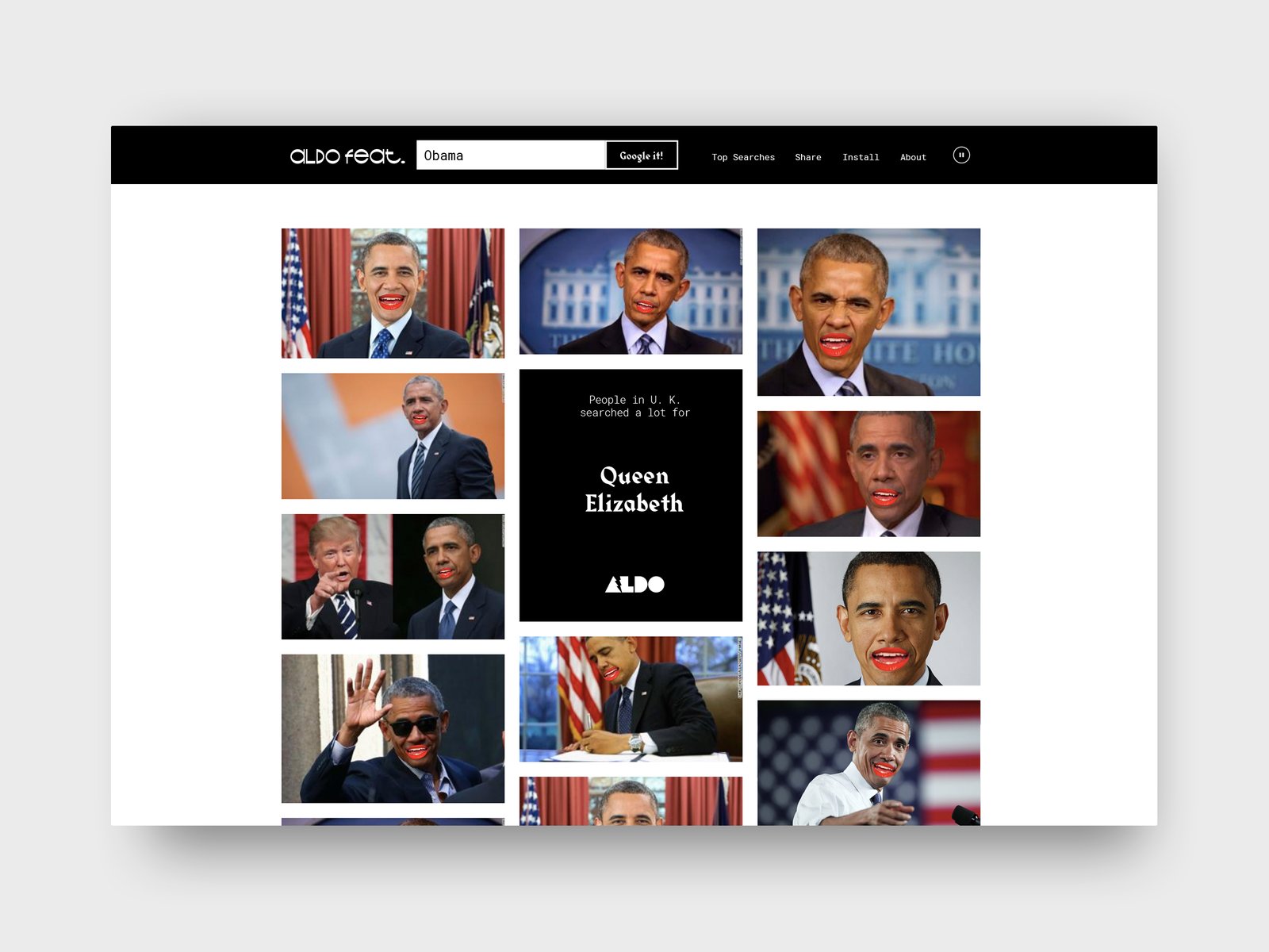 Aldo's website. Aldo Feat Obama.